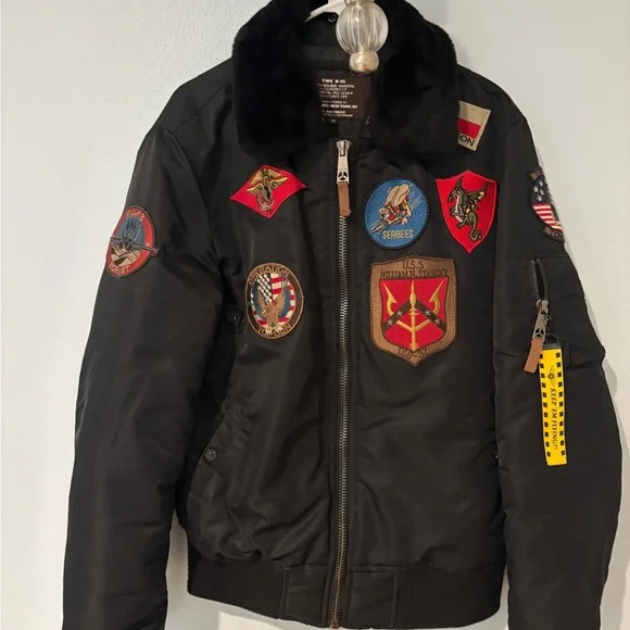 Top gun Black Bomber Jacket with Patches - Picture 3 of 12
